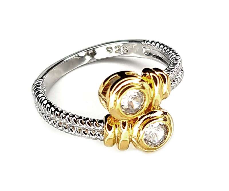 CZ ring in two-tone 925 plated silver, round, size 9