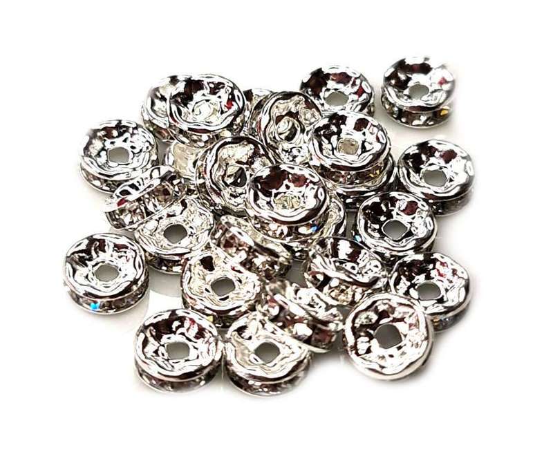 10 x Round rondelle w clear rhinestones, 8mm