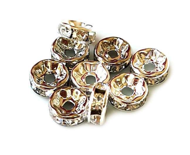 10x Round rondelle w rhinestones, silver, 8mm