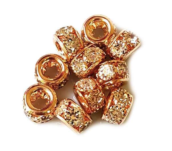 5x Round rondelle w rhinestones, rose gold, 8mm