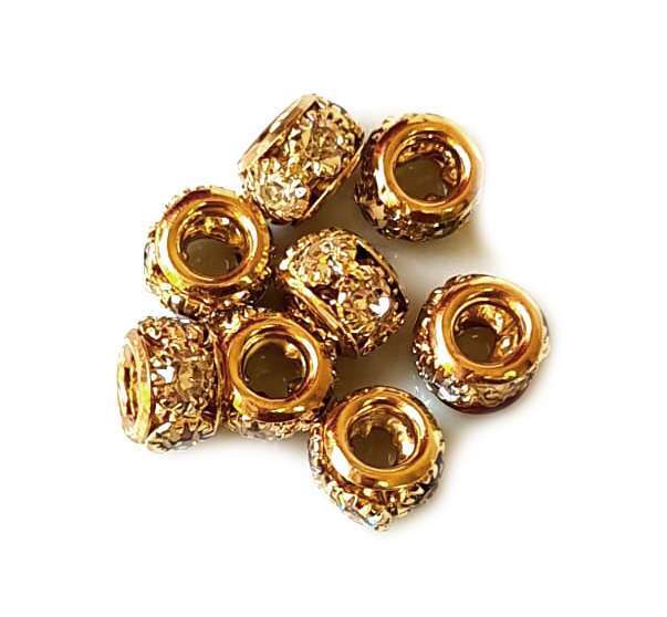 5x Round rondelle w rhinestones, gold, 8mm