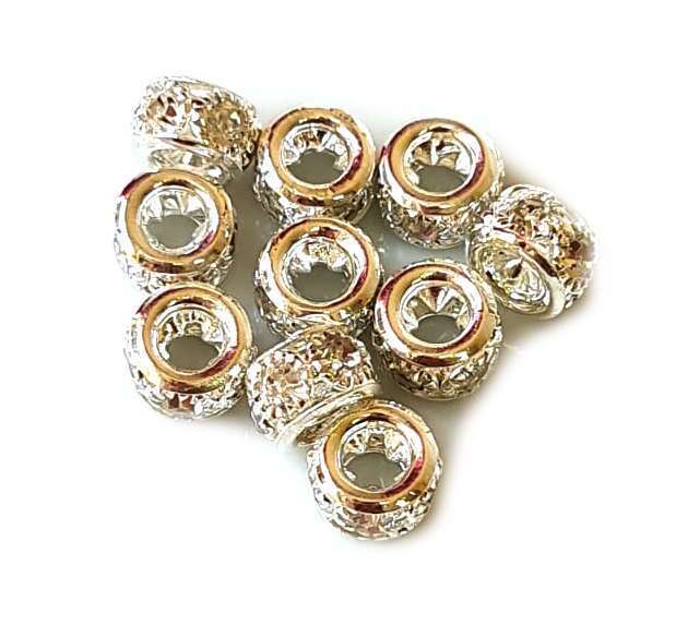 5x Round rondelle w rhinestones, bright silver, 8mm