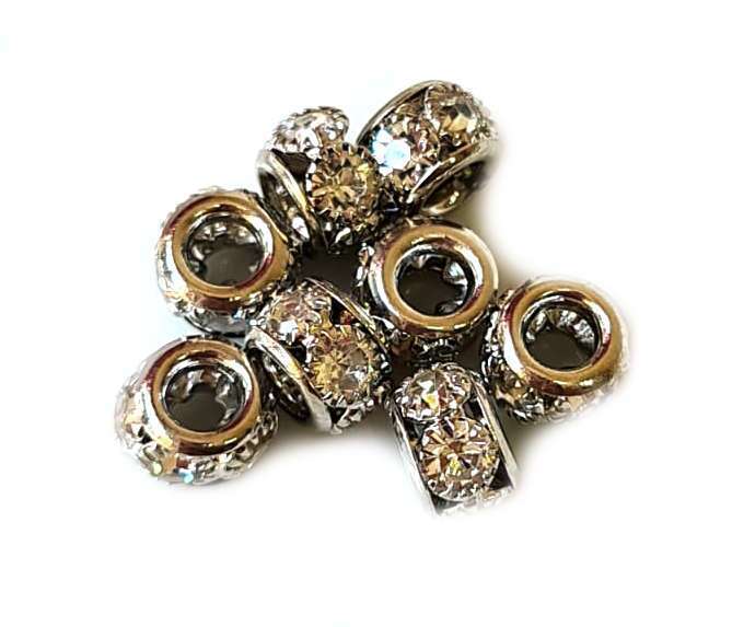 5x Round rondelle w rhinestones, silver, 8mm