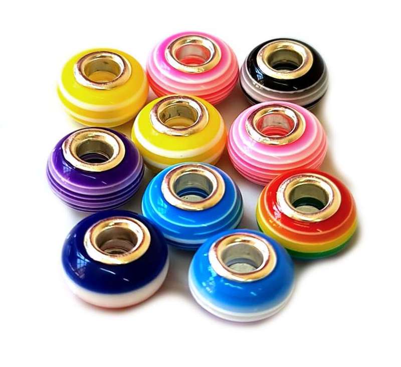 European striped Glass bead, ass. colors, 9x14mm, 5mm hole