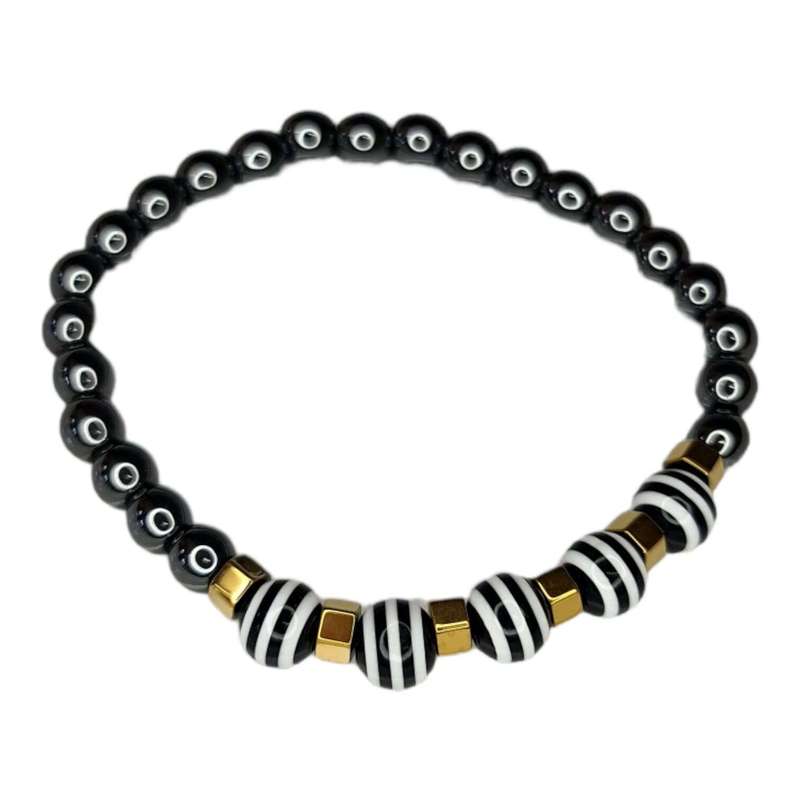 Hematite w striped beads bracelet, stretchcord