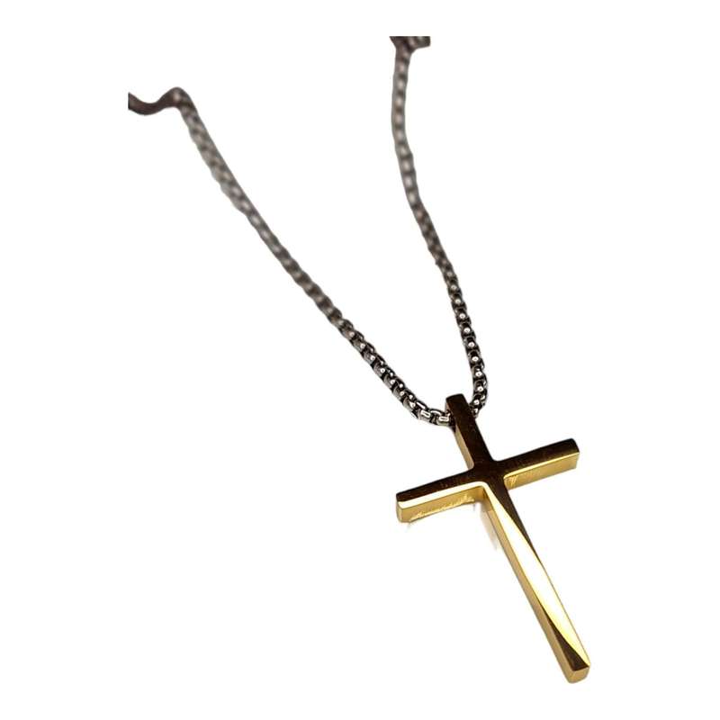 Cross (gold) necklace w chain & clasp, stainless steel, 60cm