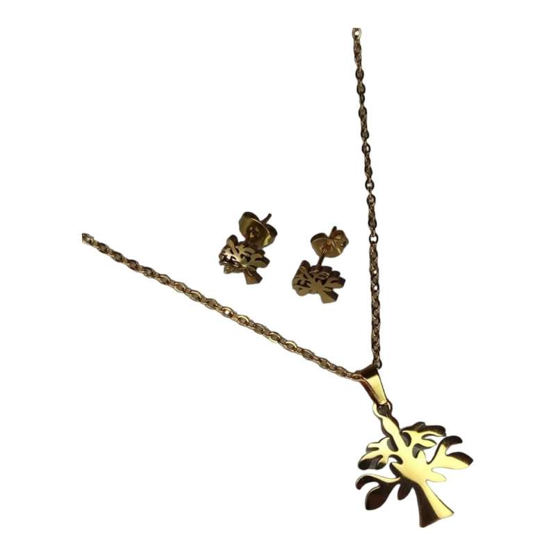 Tree necklace w earrings in Stainless Steel, gold