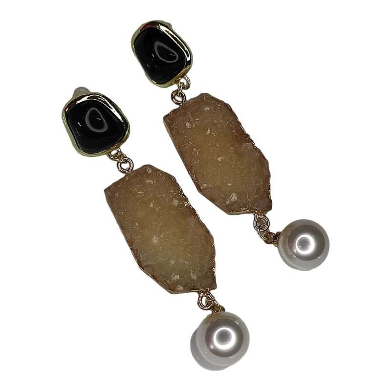 Fashion earrings w 925 silver pin, cream druzy resin w glass pearl, 78mm