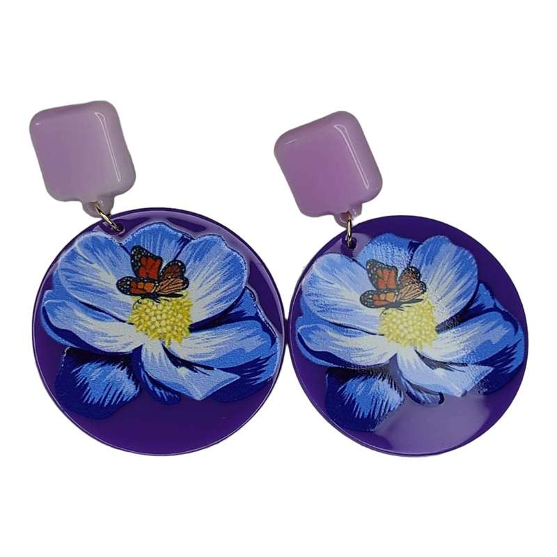 Fashion earrings w 925 silver pin, flower, 66mm