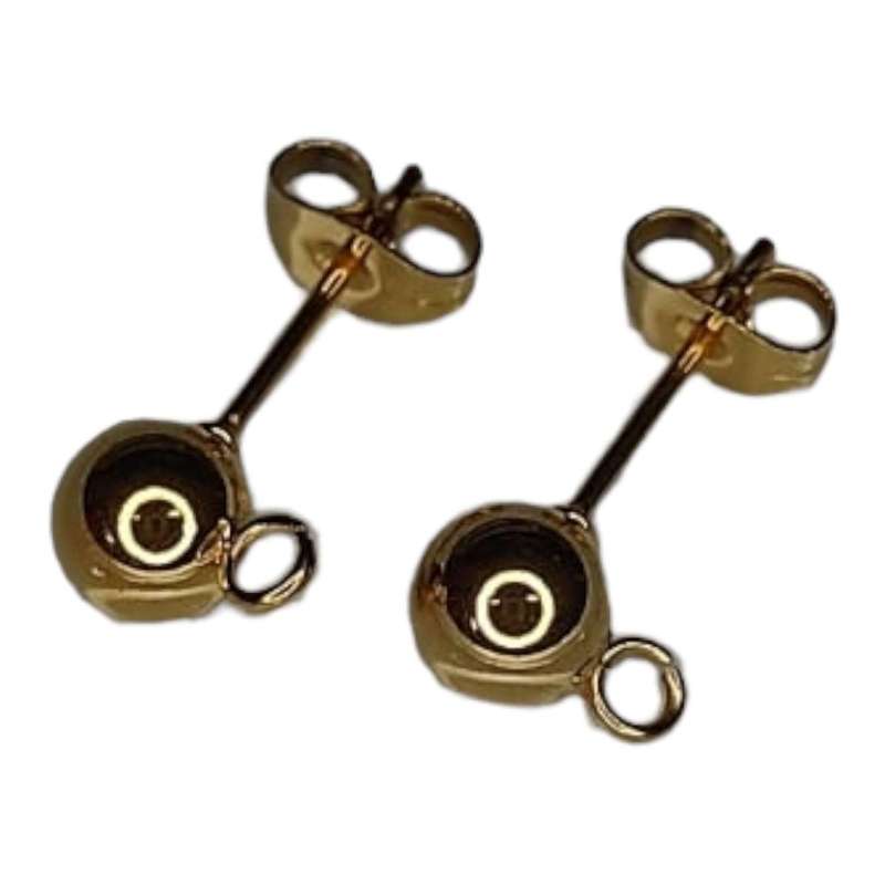Earring stud pair with ball and ring, stainless steel, 6mm bead, gold