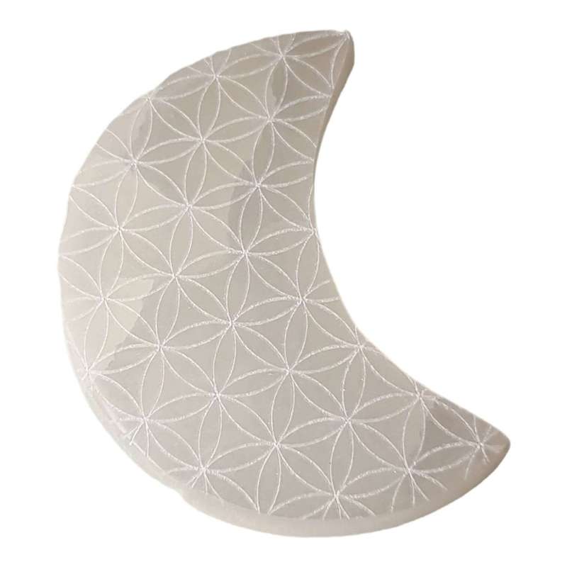 Selenite crescent moon, engraved, 60x85mm
