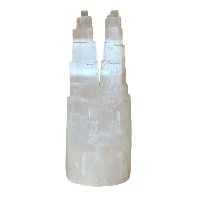 Selenite twin tower lamp, 35cm