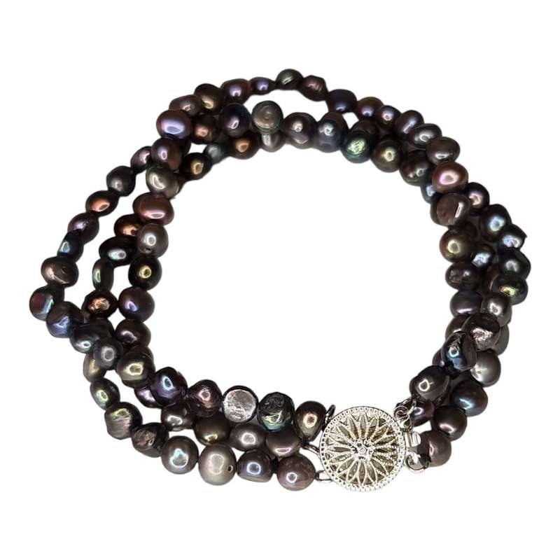 Freshwater pearl bracelet w clasp, black/brown
