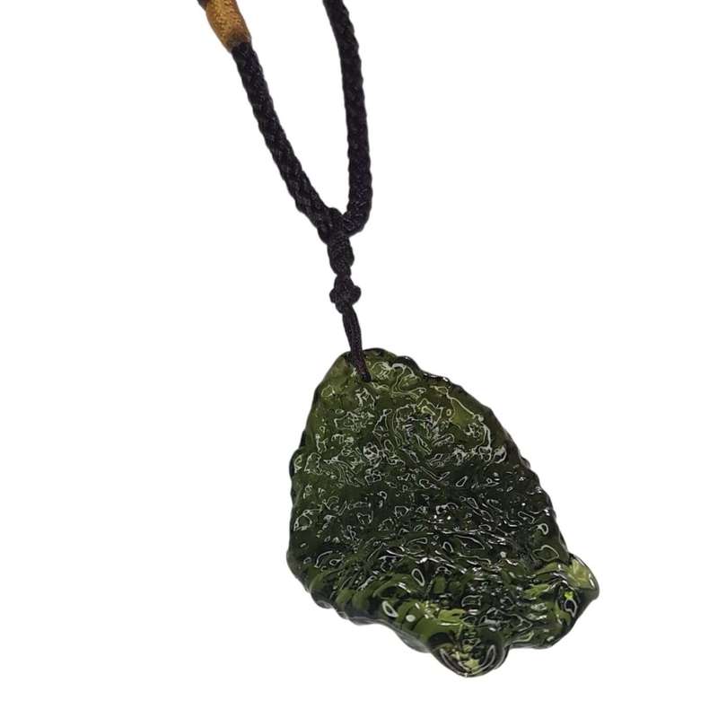 Imitation Moldavite necklace on brown string, polished, adjustable