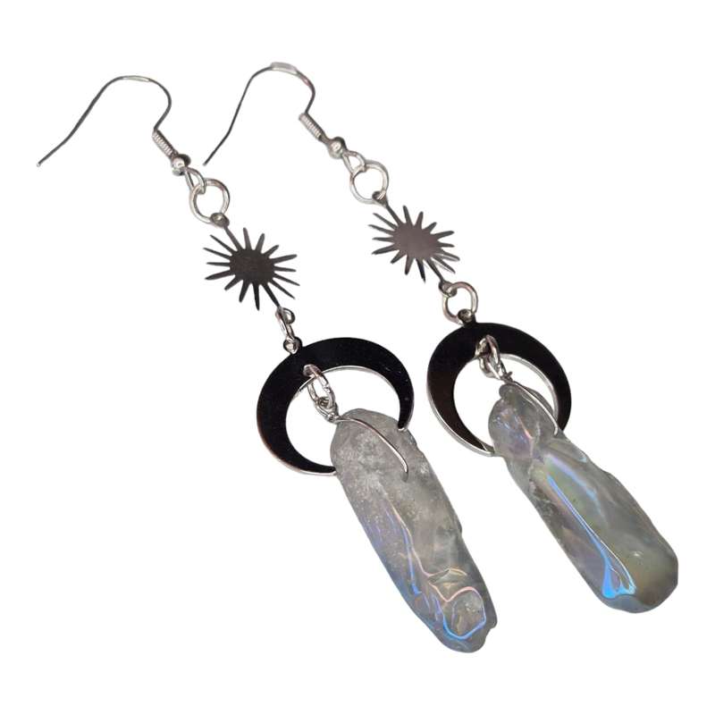 Aura Quartz crescent moon w sun drop earrings, smoky AB, 80mm