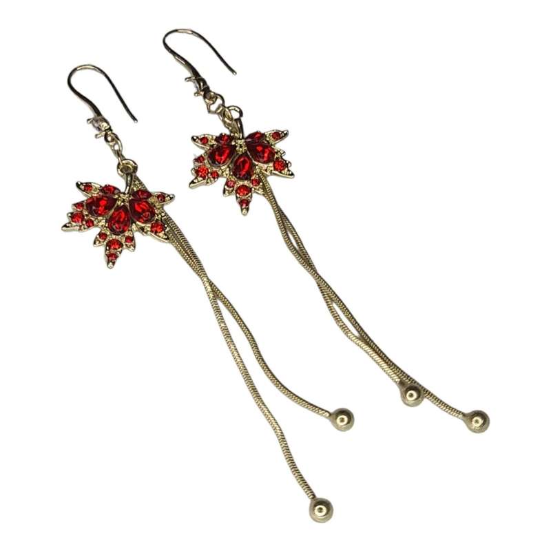 Flower rhinestone earrings, red & gold, 10cm