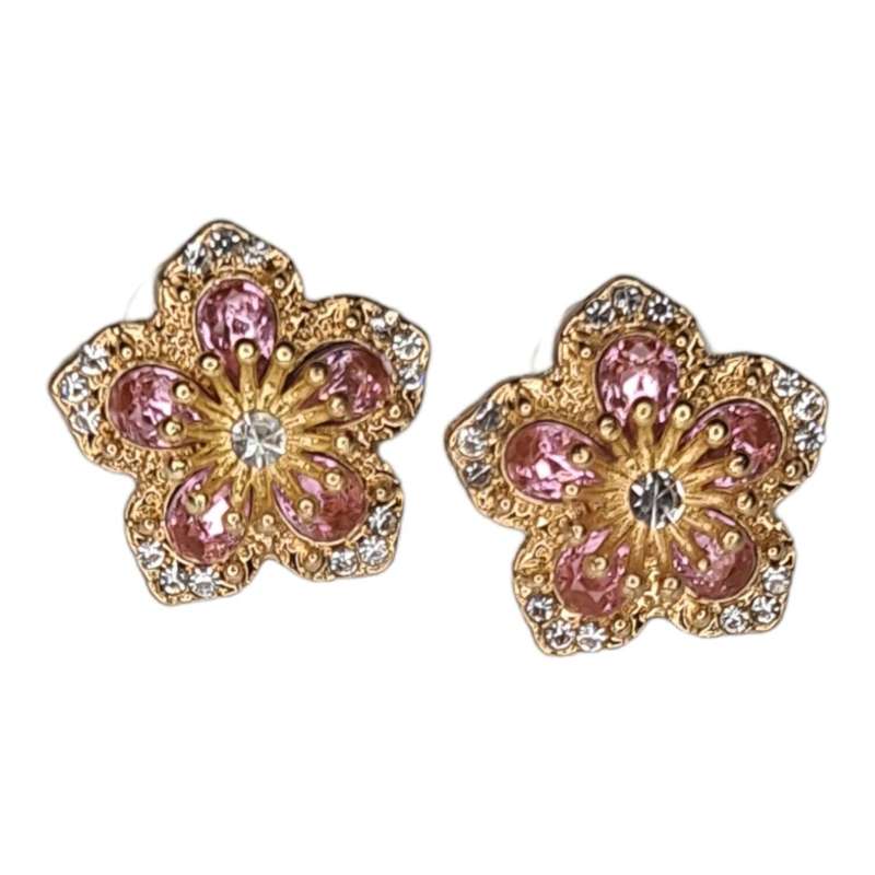 Flower rhinestone stud earrings, pink & gold, 20mm