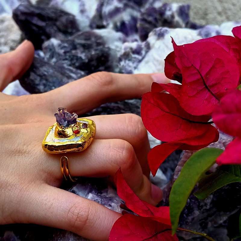 Freshwater pearl w Amethyst crystal ring, adjustable, gold base