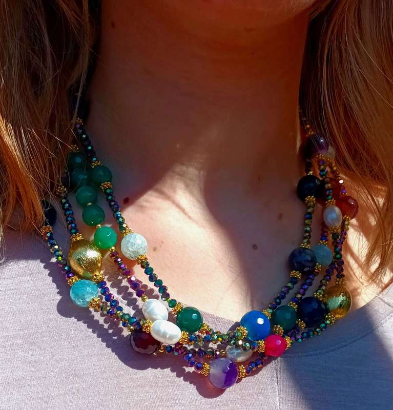 Multi colored gemstone necklace, 4-string, 50cm