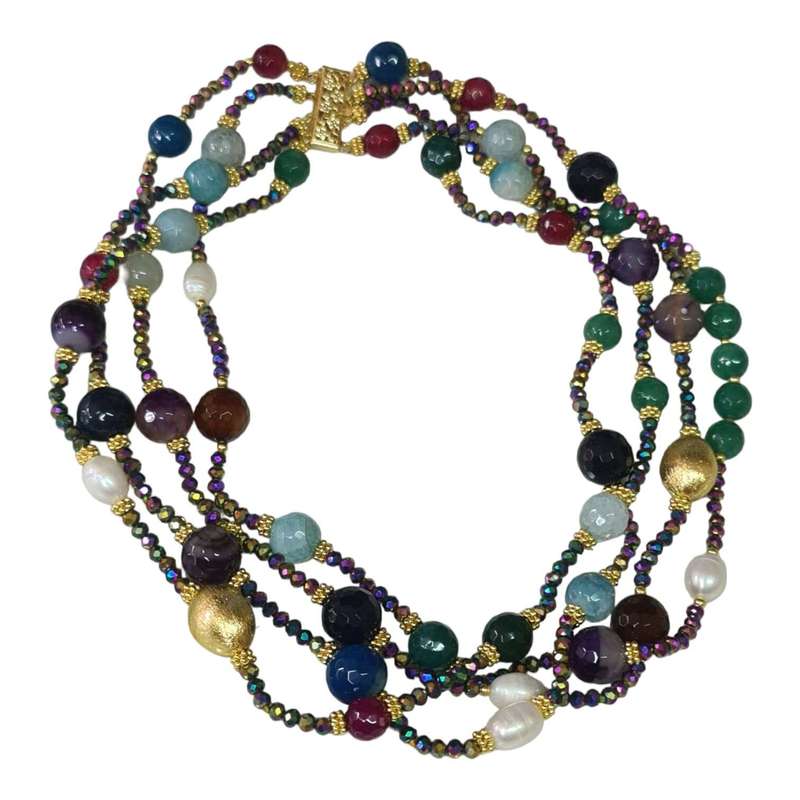 Multi colored gemstone necklace, 4-string, 50cm