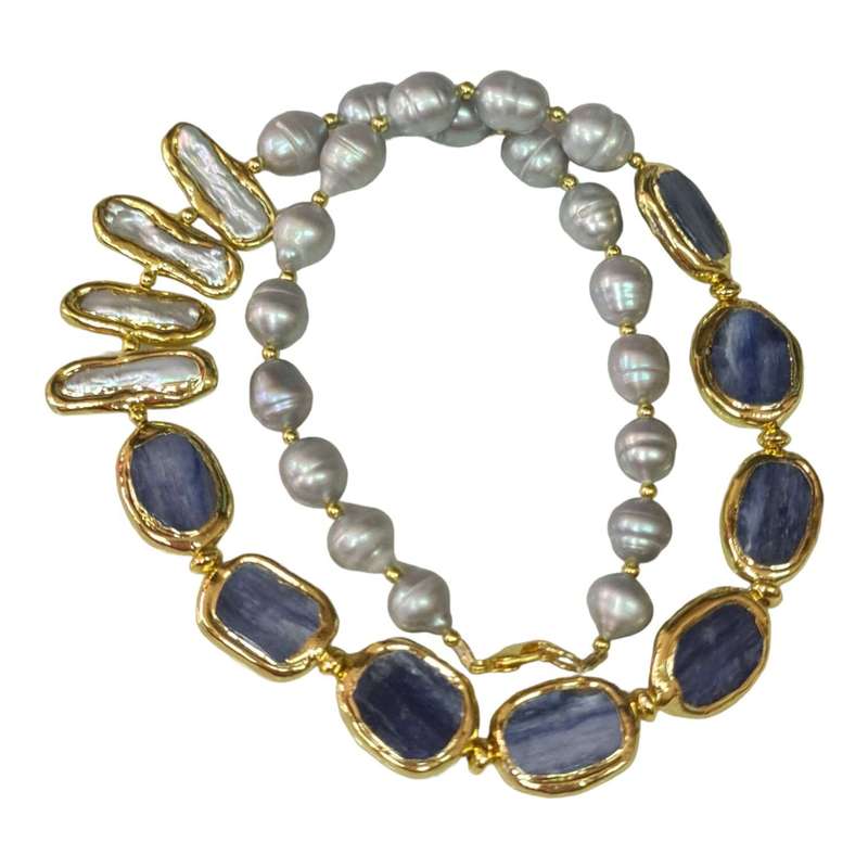 Freshwater pearl & Kyanite necklace, gold, 55cm