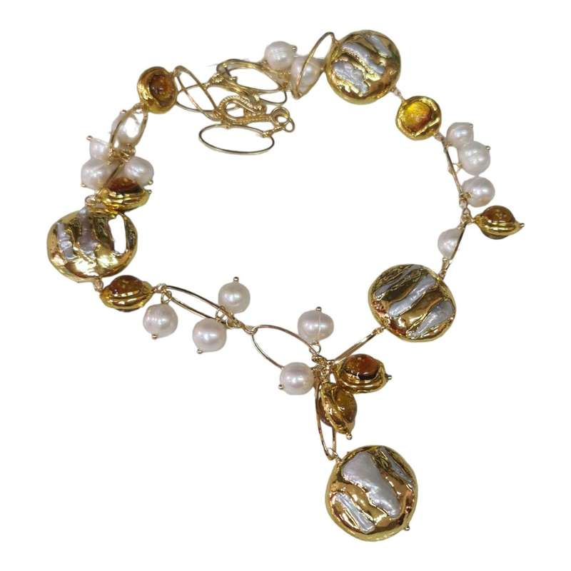 Freshwater pearl & Murano glass necklace, gold, 55cm