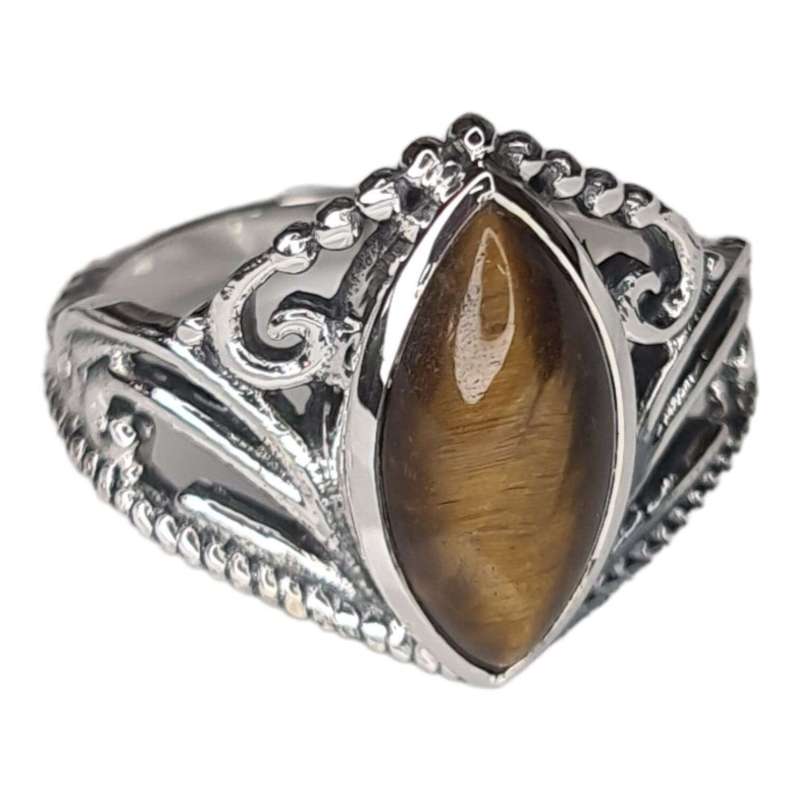 Tiger Eye cabochon ring in 925 silver, marquise, size 8