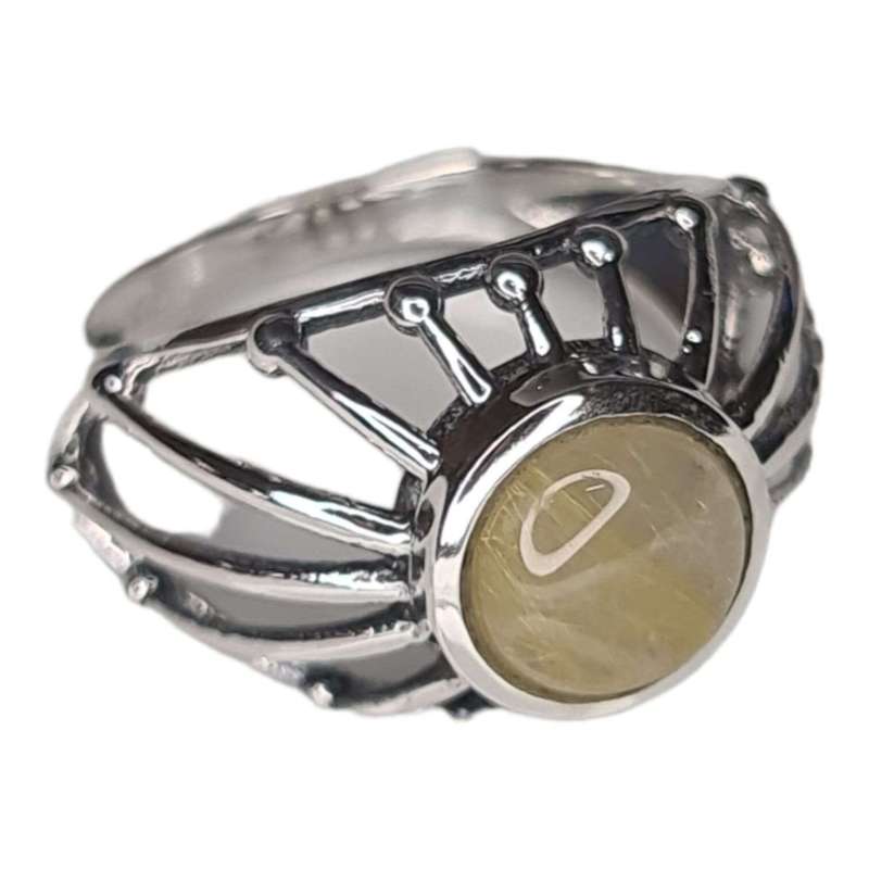 Rutilated Quartz cabochon ring in 925 silver, round, size 7