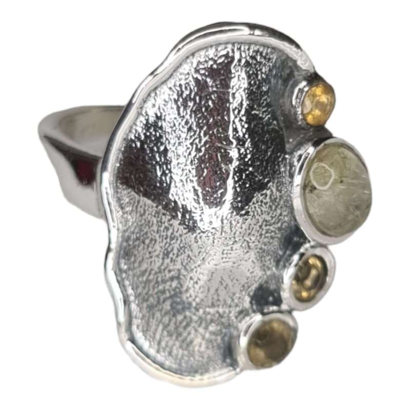 Rutilated Quartz w Citrine cabochon ring in 925 silver, oval, size 8