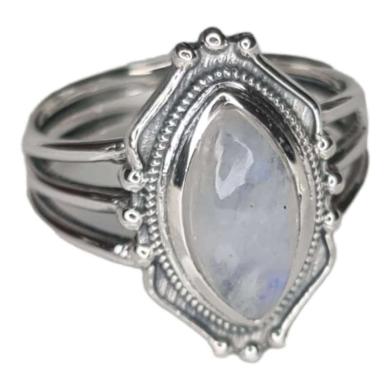 Moonstone cabochon ring in 925 silver, marquise, size 7