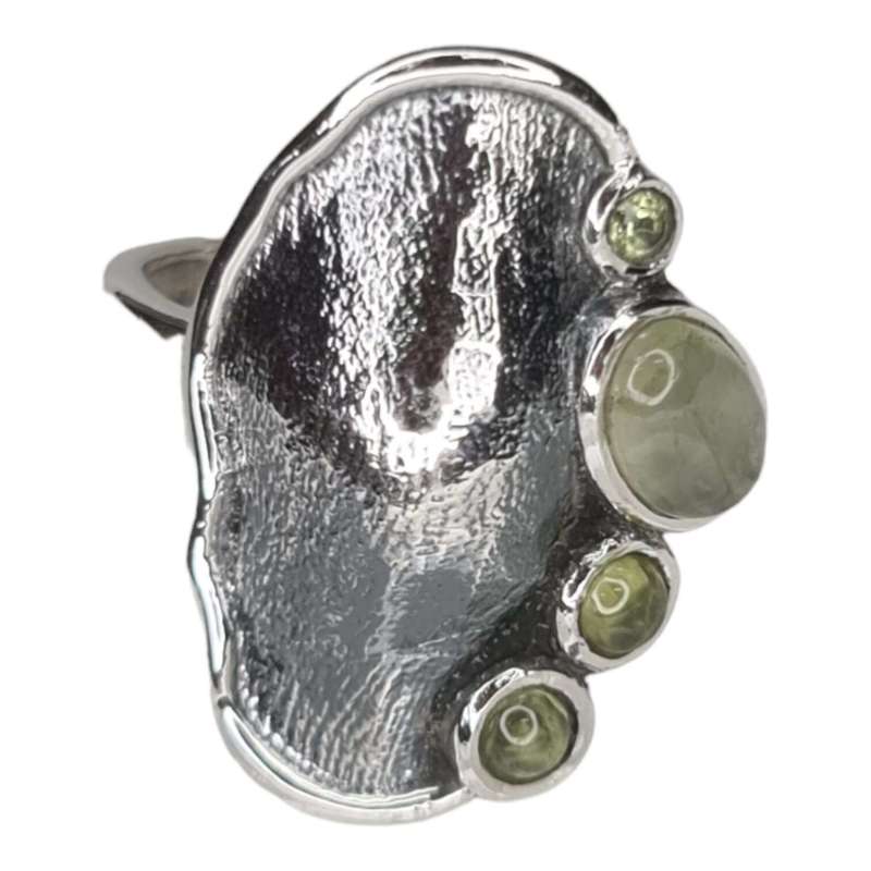 Prehnite w Peridot cabochon ring in 925 silver, oval, size 8