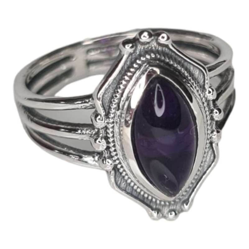 Amethyst cabochon ring in 925 silver, marquise, size 8
