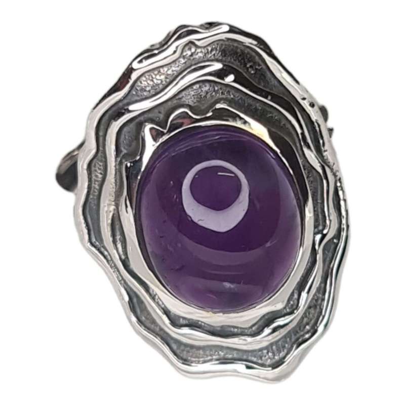 Amethyst cabochon ring in 925 silver, oval, size 7