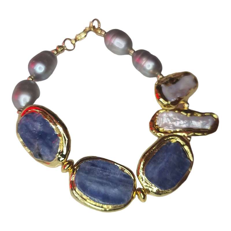 Freshwater Biwa pearl & Kyanite bracelet, gold base