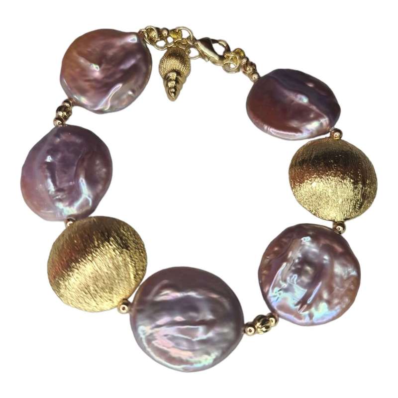 Freshwater coin pearl bracelet, lilac, gold base