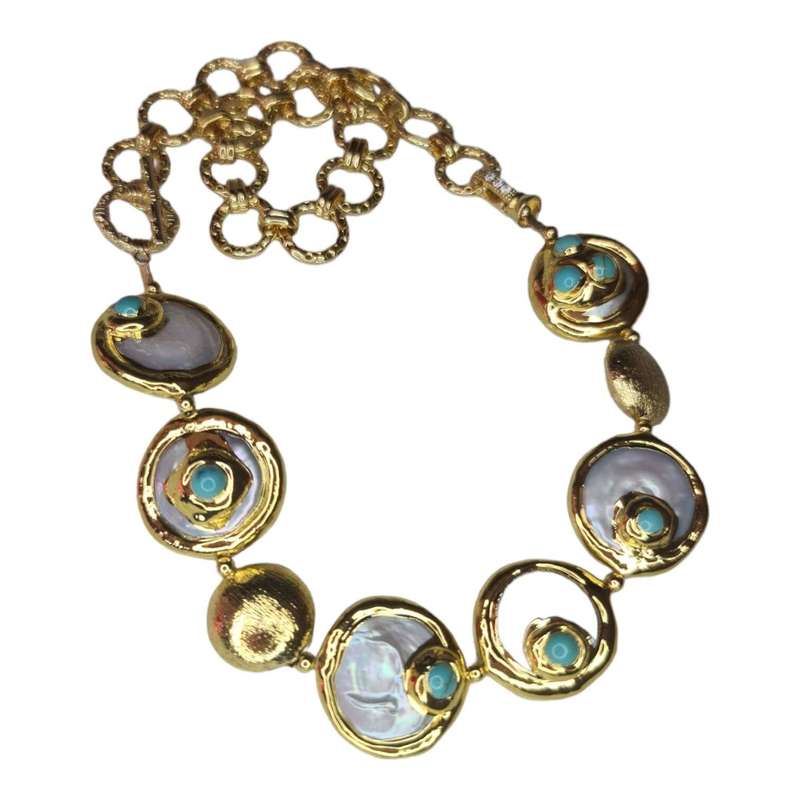 Freshwater coin pearl necklace w Turquoise, gold base, 48cm