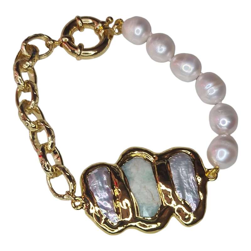 Freshwater Biwa pearl w Amazonite bracelet, gold base