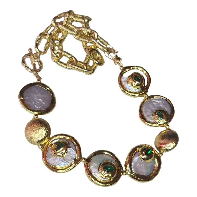 Freshwater coin pearl necklace w Emerald CZ, gold base, 48cm