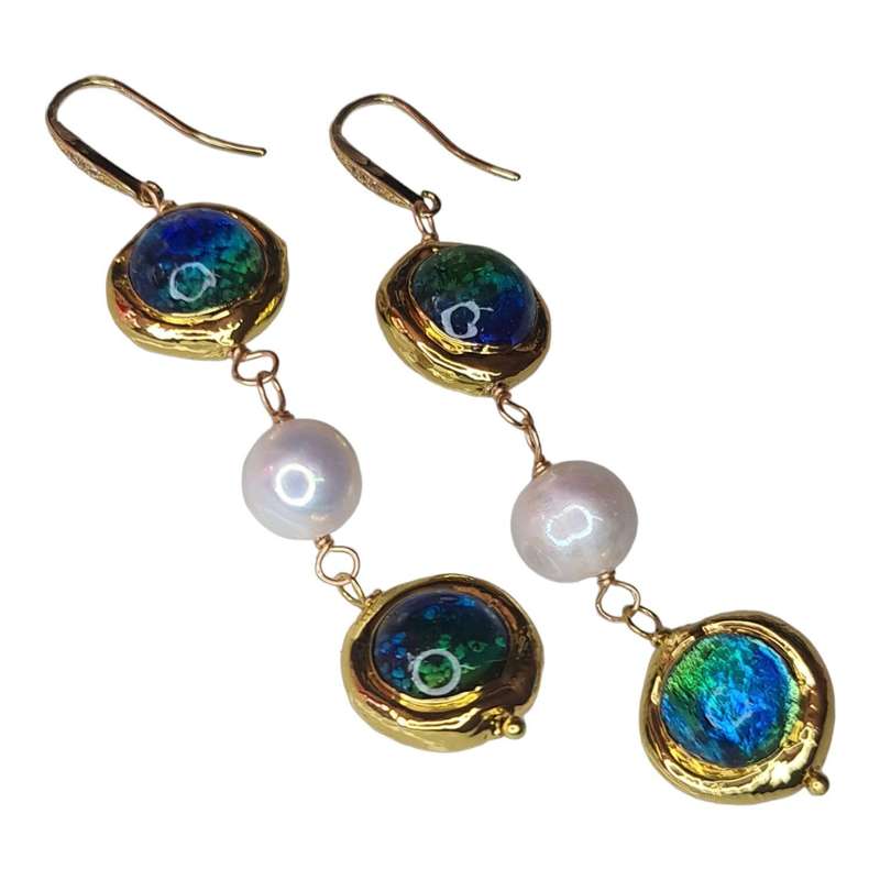Freshwater pearl &  Murano glass drop earrings, gold base, blue, 80mm incl. hook