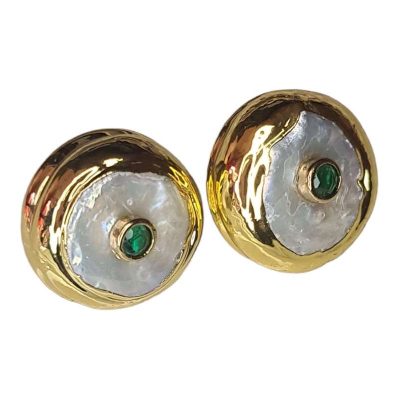 Freshwater pearl & Emerald CZ stud earrings, gold base, 17mm