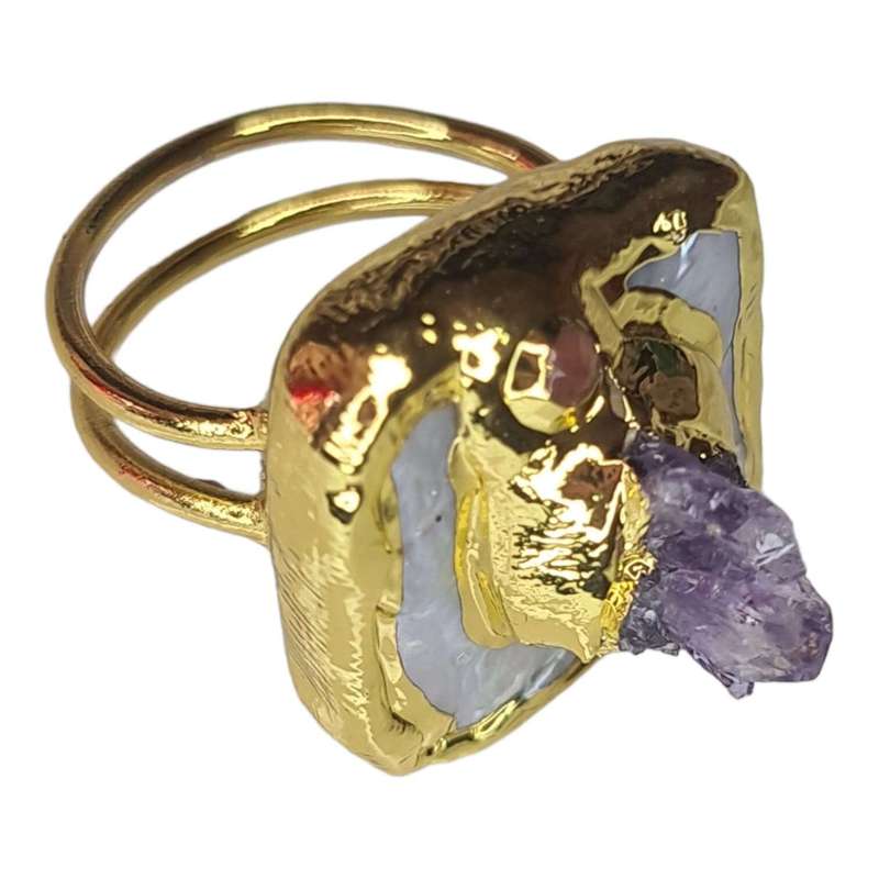 Freshwater pearl w Amethyst crystal ring, adjustable, gold base