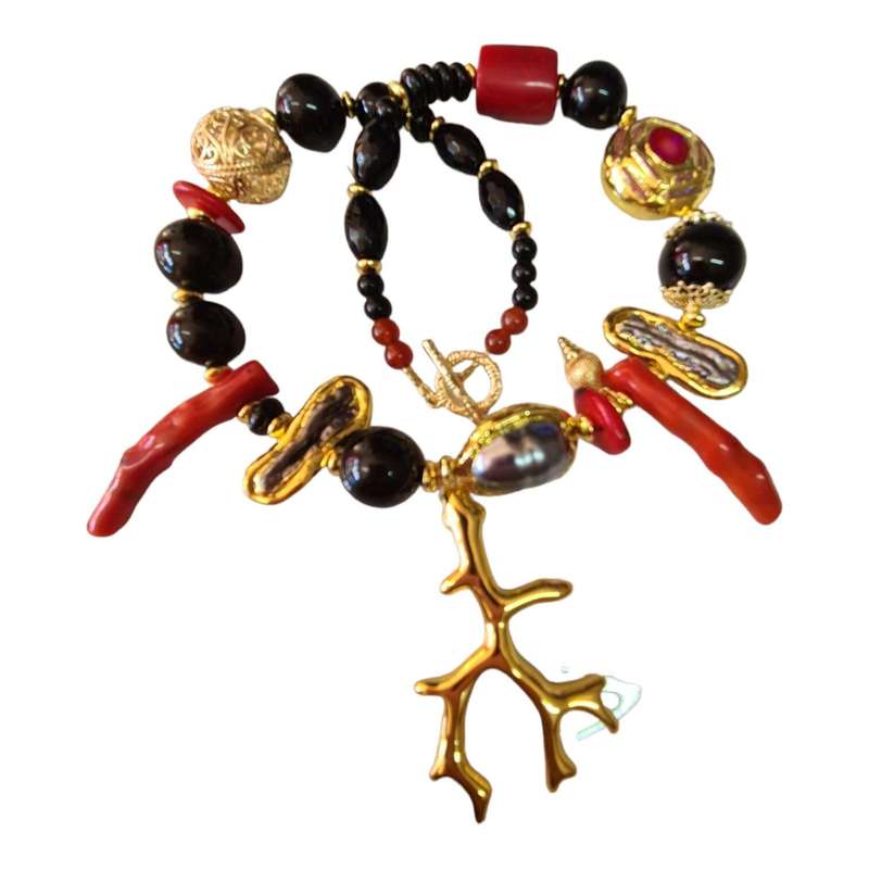 Coral, Biwa pearls & Onyx Necklace, gold base, 50cm