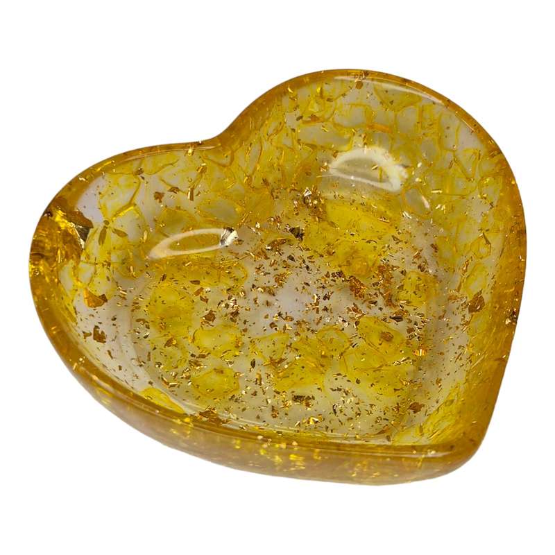 Resin heart bowl, citrine w gold flakes, 8x7x2.5cm