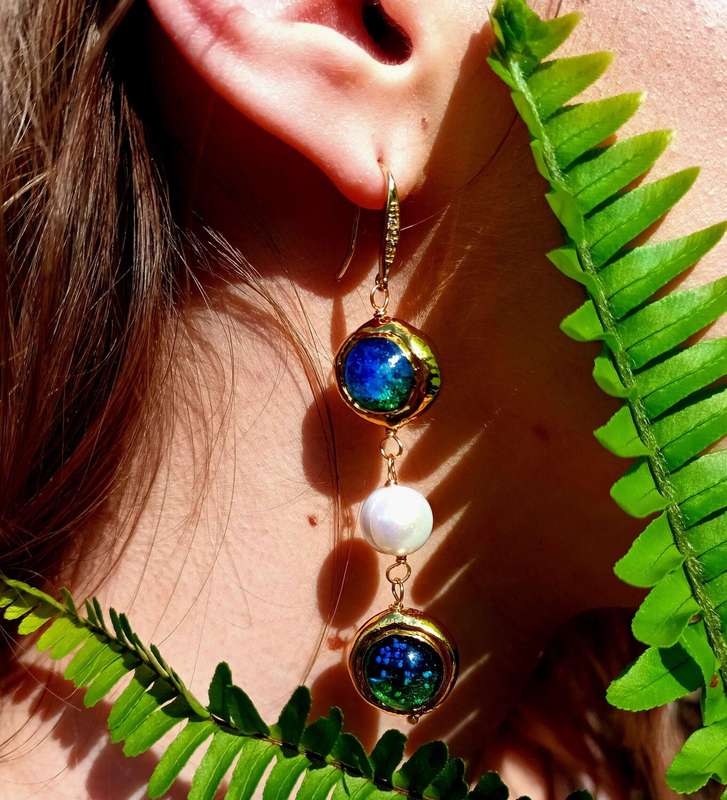 Freshwater pearl &  Murano glass drop earrings, gold base, blue, 80mm incl. hook