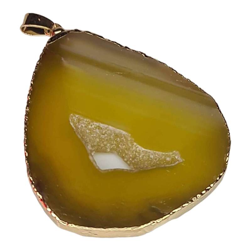 Agate slice pendant w gold trim, yellow, 60-70mm incl. bail