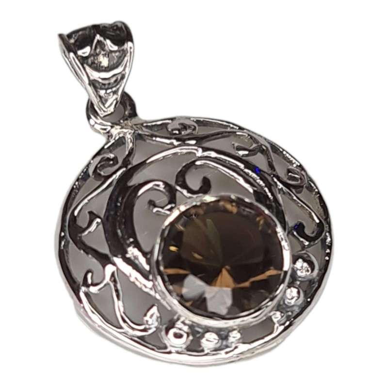 Smoky Quartz pendant in 925 silver, round, 34mm incl. bail