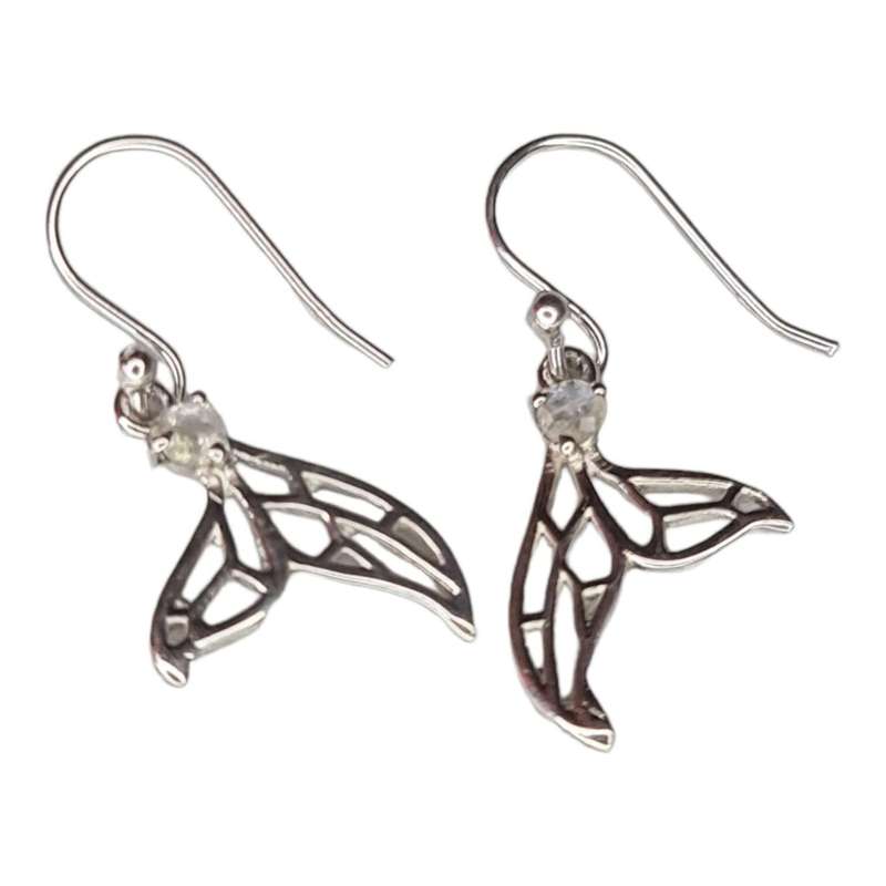 Whale Tail earrings in 925 silver, Moonstone, 30mm incl. hook