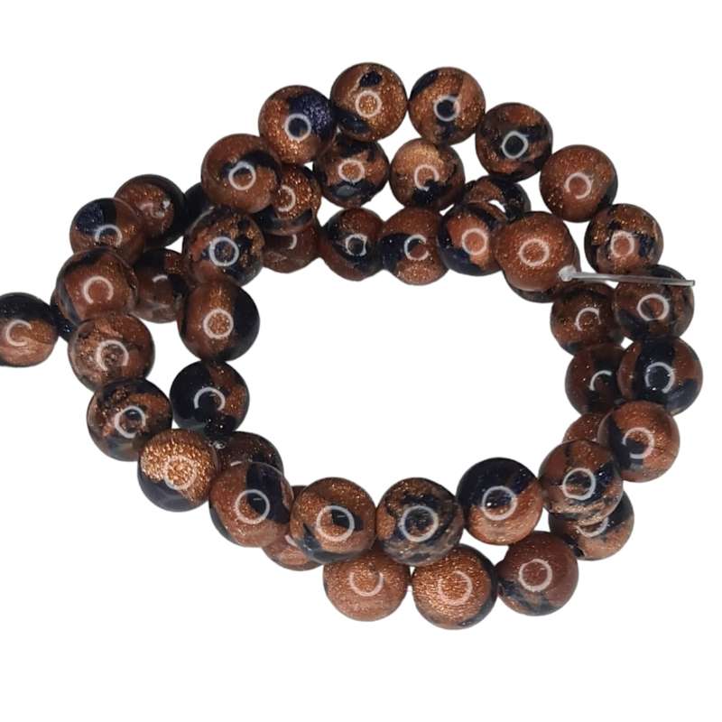 Goldstone w blue swirl bead string, 8mm, round, 40cm