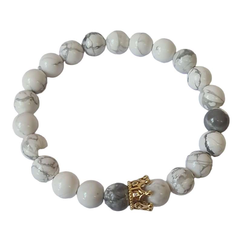 Howlite w gold crown bracelet, stretchcord