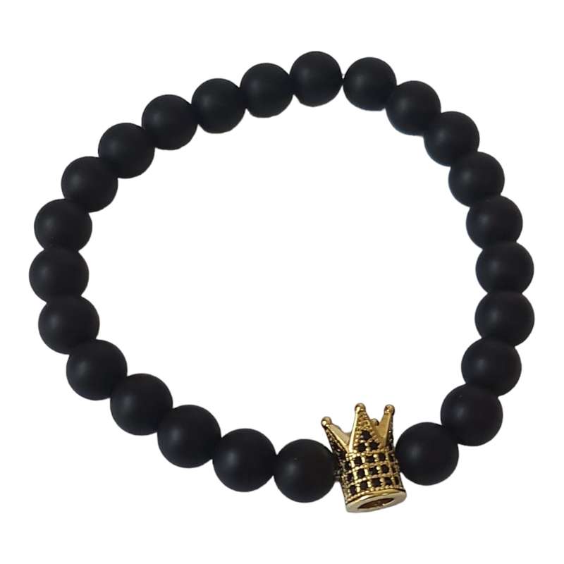 Matte obsidian w gold crown bracelet, stretchcord